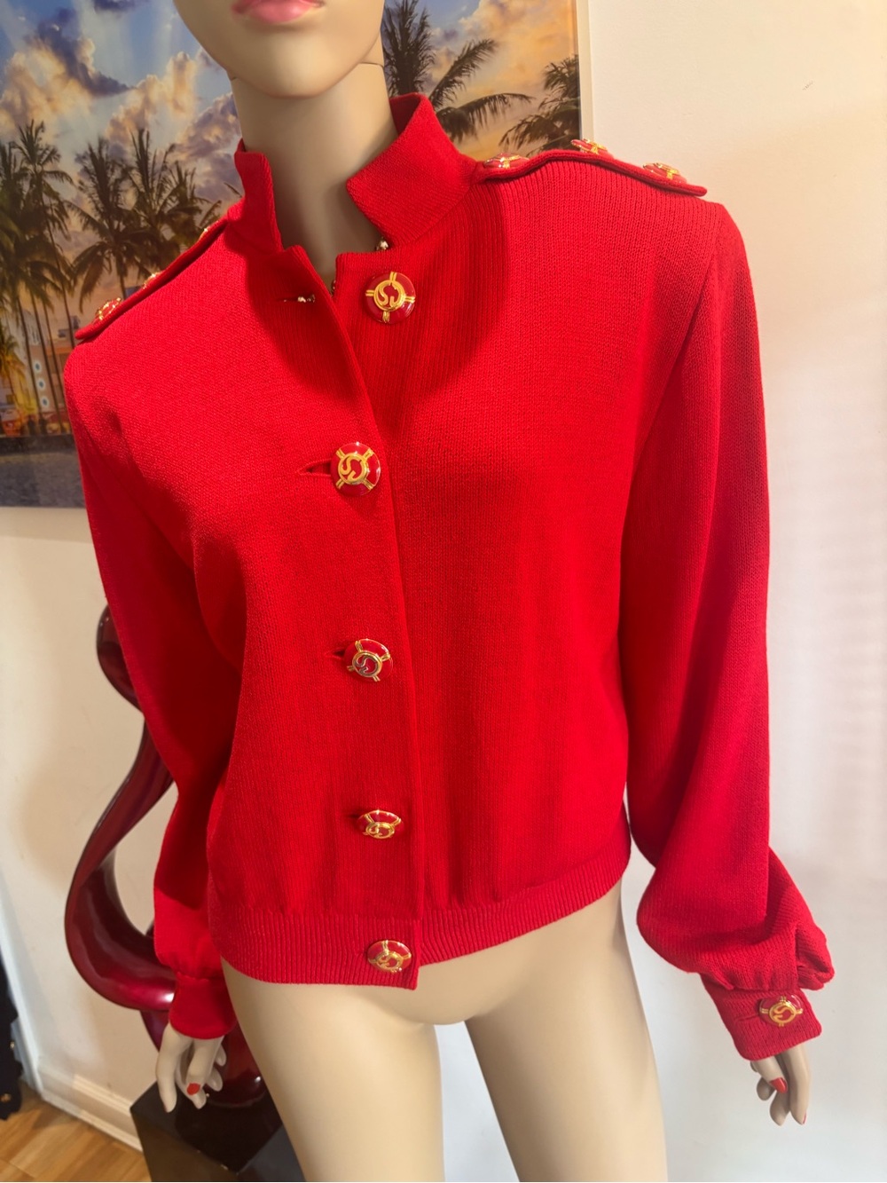 St. John Red Knit Military Jacket with Gold Buttons embellished 12 L captain